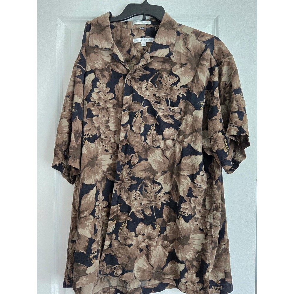 Geoffrey Beene Shirt Mens XL Brown Black Hawaiian Short Sleeve Floral Silk Blend